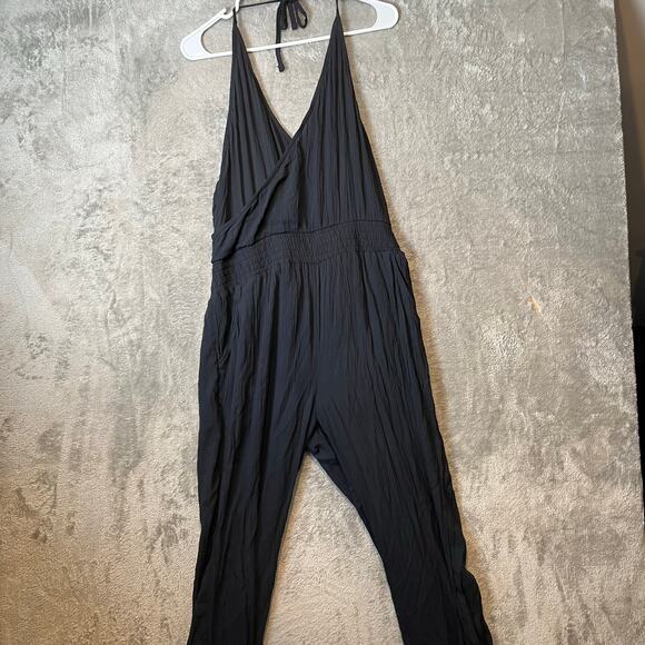 Prana Fernie Jumpsuit Black Halter Neck Elastic Waist Pockets Athleisure Large - Picture 3 of 6